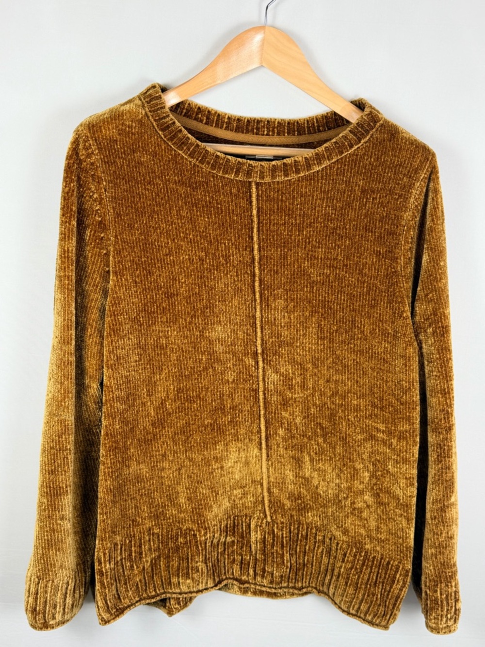 Style & Co XL Chenille Velvet Sweater Mustard Golden Brown Ribbed Cozy Crewneck